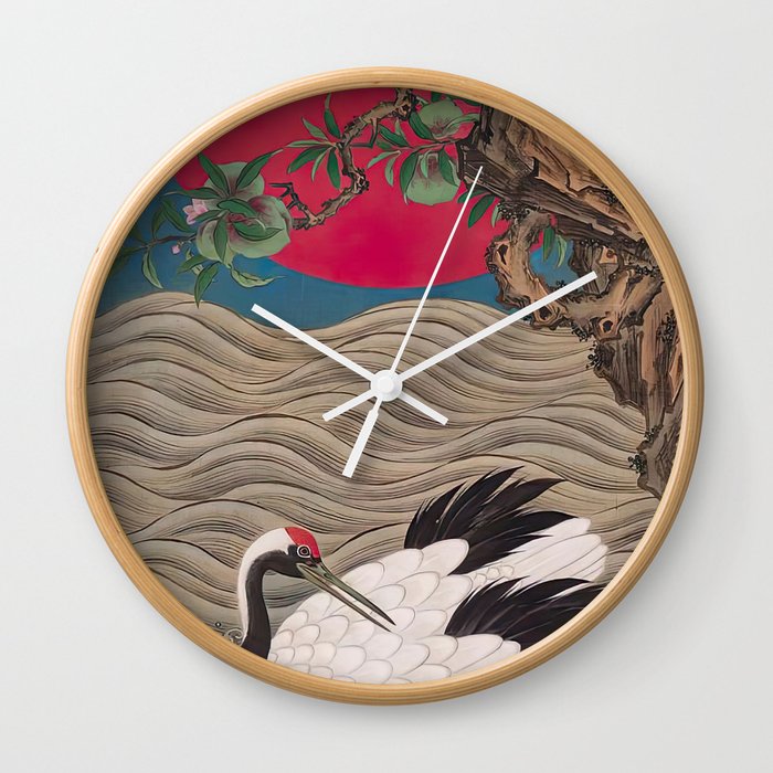 Woodblock art Crane Resting on Waves with Sun Nagamine Seisui   Wall Clock