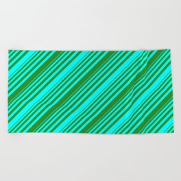 [ Thumbnail: Cyan and Forest Green Colored Lined/Striped Pattern Beach Towel ]