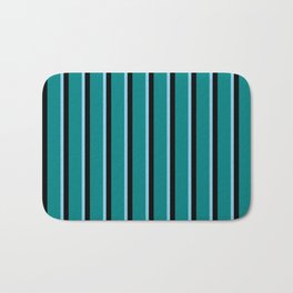 [ Thumbnail: Sky Blue, Teal, and Black Colored Striped/Lined Pattern Bath Mat ]
