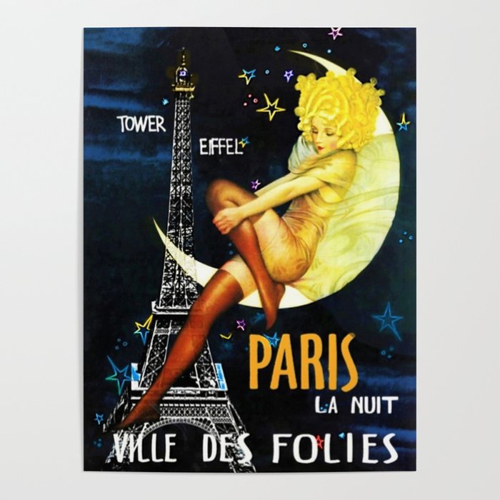 Vintage Paris La Nuit Ville Des Folies Eiffel Tower and Moon Advertising Poster Poster
