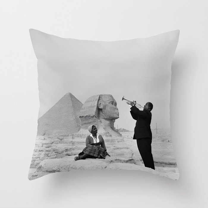 Louis Armstrong at the Spinx and Egyptian Pyrimids Vintage black and white photography / photographs Throw Pillow