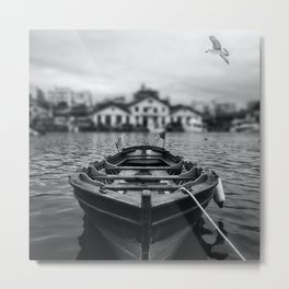 Ships in the blue harbor with seagull portrait black and white photograph / photography Metal Print