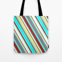 [ Thumbnail: Light Slate Gray, Brown, Tan, Aqua, and Mint Cream Colored Lined Pattern Tote Bag ]