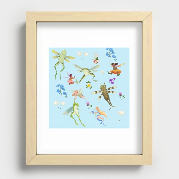 Faeries and flying frogs | light blue Recessed Framed Print