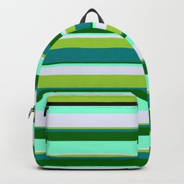 [ Thumbnail: Eyecatching Green, Teal, Dark Green, Aquamarine & Lavender Colored Striped/Lined Pattern Backpack ]
