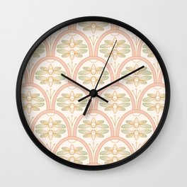 Art Deco Cicada Pattern, Retro Cicadas in Pastel Soft Rose Blush, Mint, Beige Cream and Golden Color, Gold Vintage Bugs Wall Clock