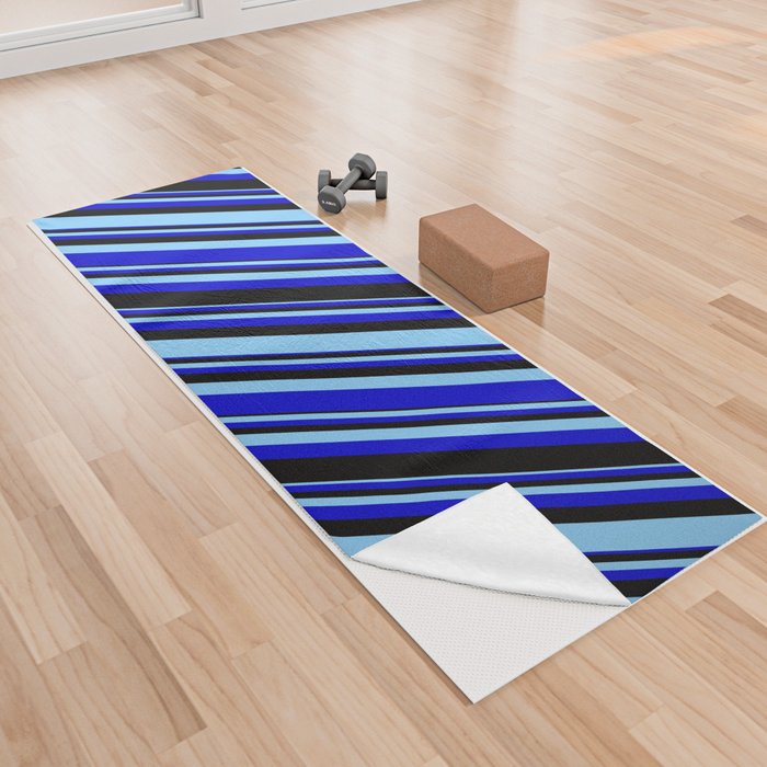 Light Sky Blue, Blue & Black Colored Stripes/Lines Pattern Yoga Towel