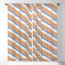 [ Thumbnail: Turquoise, Blue, Beige, and Chocolate Colored Lined/Striped Pattern Sheer Curtain ]