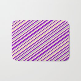 [ Thumbnail: Dark Violet, Grey, and Beige Colored Striped Pattern Bath Mat ]