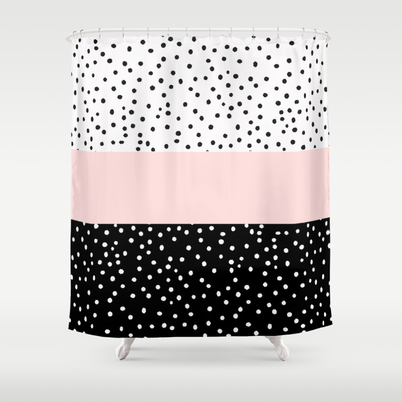 Pink White Black Watercolor Polka Dots Shower Curtain By