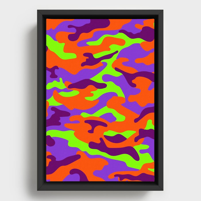 Camouflage Pattern Neon Green Orange Purple Light Purple Framed Canvas
