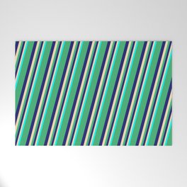 [ Thumbnail: Sea Green, Midnight Blue, Beige & Cyan Colored Lines Pattern Welcome Mat ]