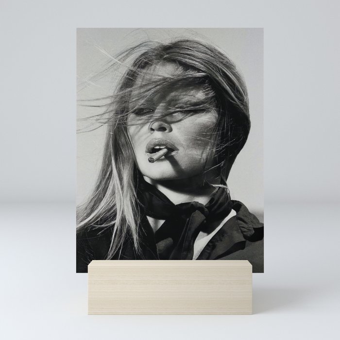 Brigitte Bardot Smoking a Cigarette, Black and White Photograph Mini Art Print