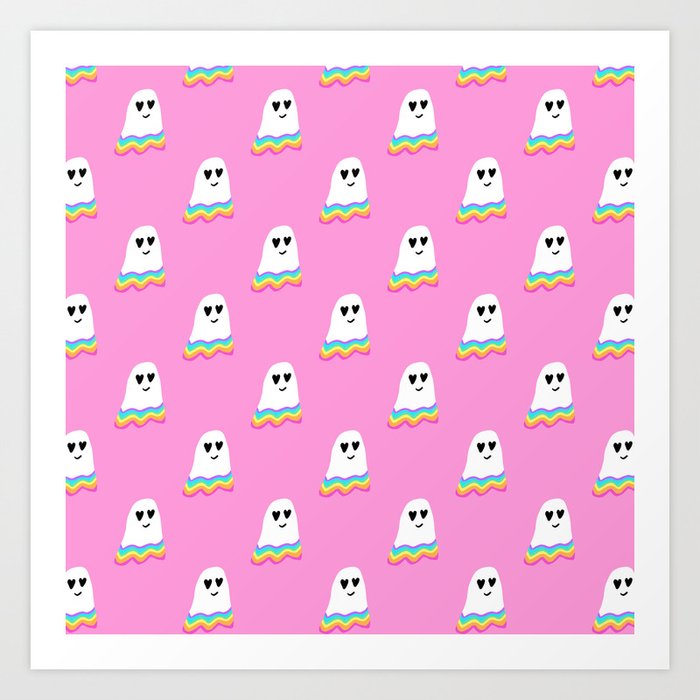 Cute Rainbow Halloween Ghost on Pink Pattern Art Print