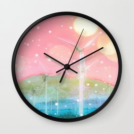 wind turbine in the desert with snow and bokeh light background Wall Clock