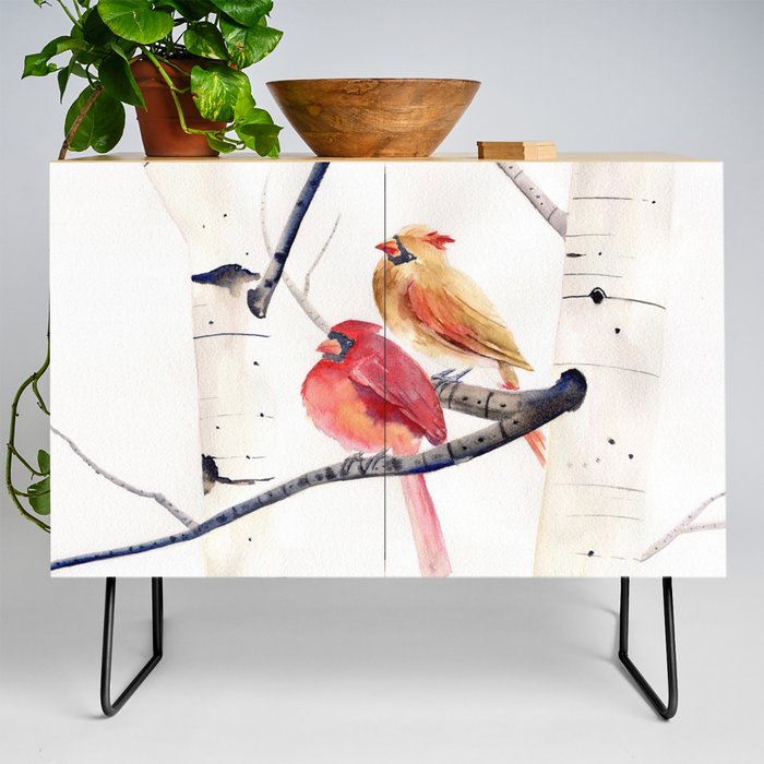 Cardinals and Birch Trees  Credenza