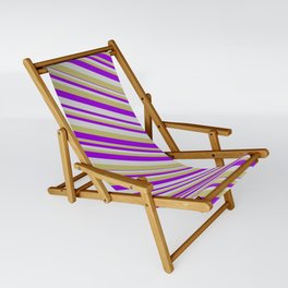 [ Thumbnail: Light Grey, Dark Khaki, and Dark Violet Colored Striped/Lined Pattern Sling Chair ]