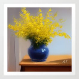 Forsythia in Blue Vase Art Print