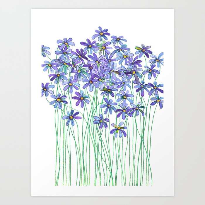 Purple Daisies in Watercolor & Colored Pencil Art Print