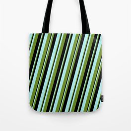 [ Thumbnail: Turquoise, Green & Black Colored Lines/Stripes Pattern Tote Bag ]