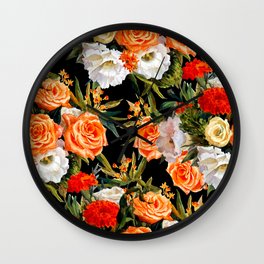 Seamless floral pattern. Roses and lisianthus on a black background. Watercolor painting.  Wall Clock