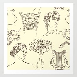 Ancient Greece Sketches | Sculptures, Amphora, Harp and Snake Art Print