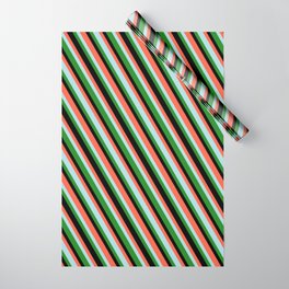 [ Thumbnail: Red, Powder Blue, Forest Green & Black Colored Stripes Pattern Wrapping Paper ]