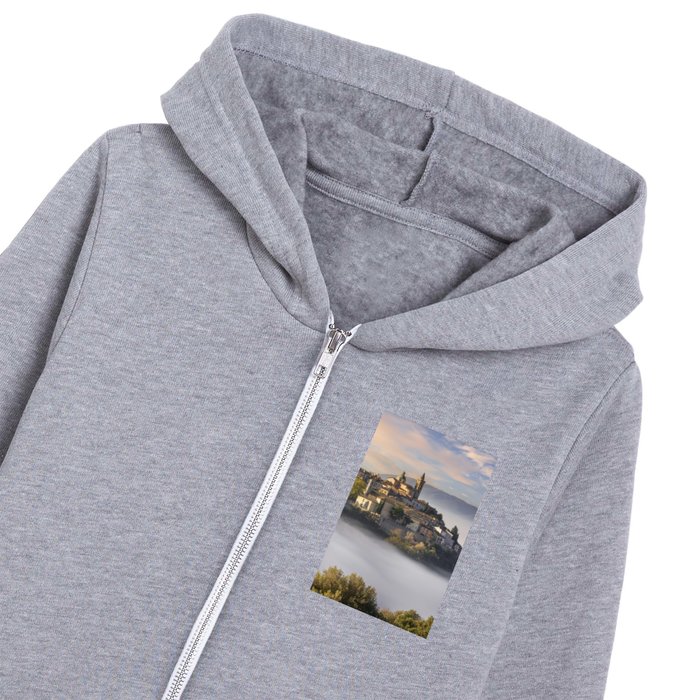 Trevi picturesque village in a foggy morning. Umbria Kids Zip Hoodie