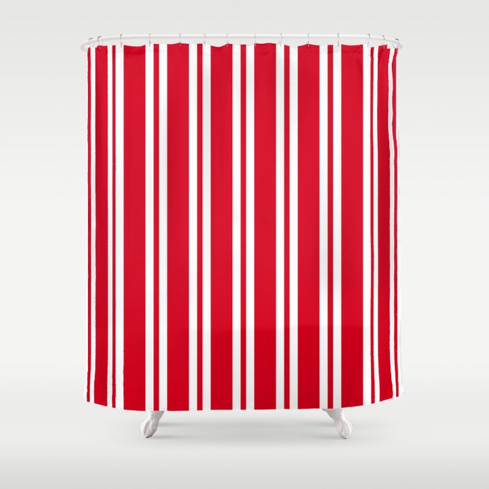 Red And White Wide Small Wide Stripes Shower Curtain By