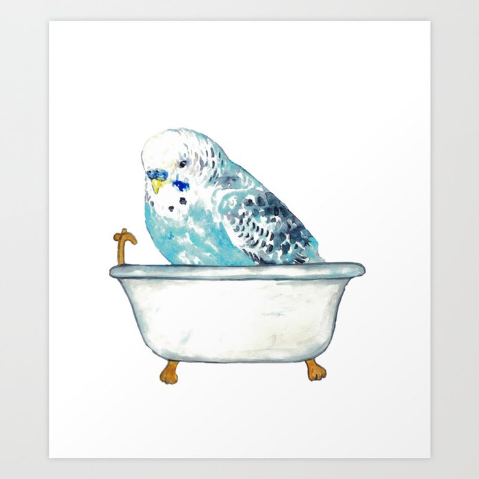 Budgie taking bath Painting Wall Poster Watercolor Art Print
