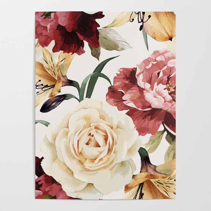 Floral Flower Pattern Watercolor White Red Roses Flowers White Background Poster By Floralkingdom Society6 Floral Flower Pattern Watercolor White Red Roses Flowers White Background Poster By Floralkingdom Society6