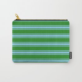 [ Thumbnail: Forest Green and Sky Blue Colored Lined/Striped Pattern Carry-All Pouch ]