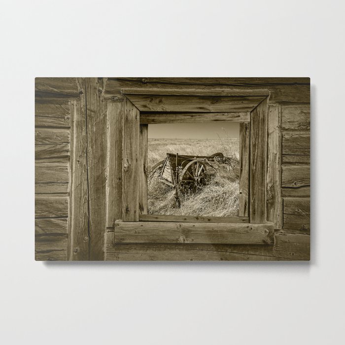 Sepia Photo of an Old Farm Wagon viewed through a Barn Window Metal Print