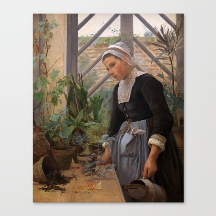 Breton Girl Looking After Plants in the Hothouse, 1884 by Anna Petersen Canvas Print