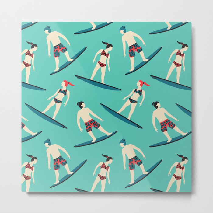 STOKED and SURFER DUDE Surfing Pattern and Apparel Metal Print