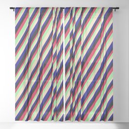 [ Thumbnail: Colorful Crimson, Light Green, Tan, Blue & Black Colored Lined Pattern Sheer Curtain ]