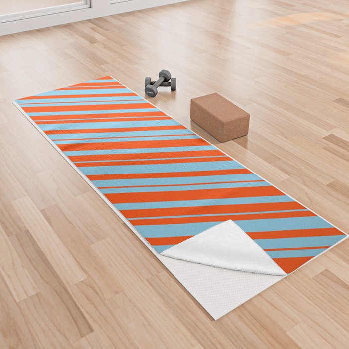 Sky Blue and Red Colored Lined Pattern Yoga Towel
