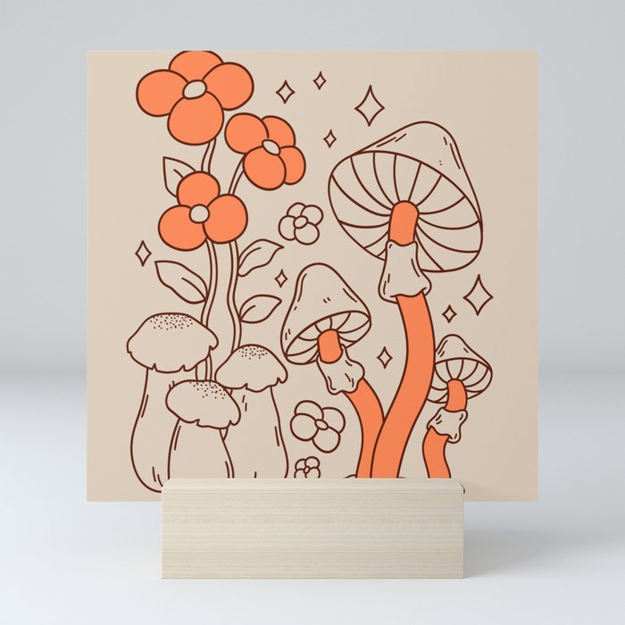 70s Hippie Boho Mushrooms Beige Mini Art Print