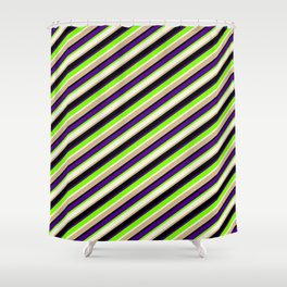 [ Thumbnail: Eyecatching Indigo, Green, Beige, Tan, and Black Colored Lined/Striped Pattern Shower Curtain ]