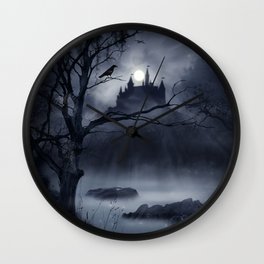 Gothic Night Fantasy Wall Clock | Graphicdesign, Illustration, Swamp, Fog, Digital, Moon, Trees, Cobwebs, Mist, Corvus 
