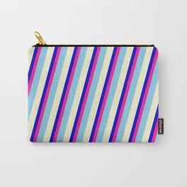 [ Thumbnail: Blue, Deep Pink, Sky Blue, and Light Yellow Colored Stripes/Lines Pattern Carry-All Pouch ]