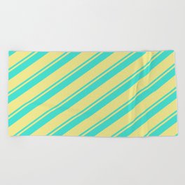 [ Thumbnail: Turquoise and Tan Colored Lined/Striped Pattern Beach Towel ]