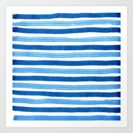 Horizontal blue and white striped pattern Art Print