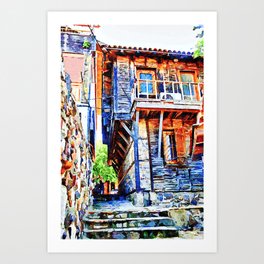 Quaint Wooden House and Stone Stairs Art Print