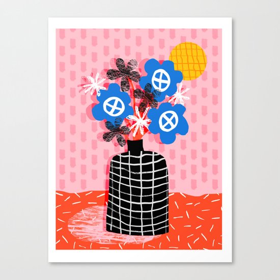Works for Me - throwback retro memphis still life floral vase flowers grid pattern Canvas Print