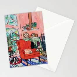 Red Armchair in Pink Interior with Houseplants, Ginger Cat, and Spaniel Interior Painting Stationery Card