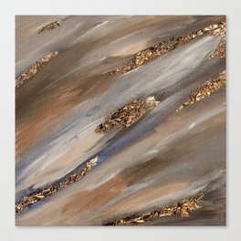 Blue Brown Paint Brushstrokes Gold Foil Abstract Canvas Print