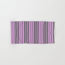 [ Thumbnail: Dim Grey & Plum Colored Striped Pattern Hand & Bath Towel ]