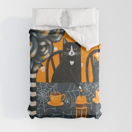 Halloween French Press Coffee Cats Comforter