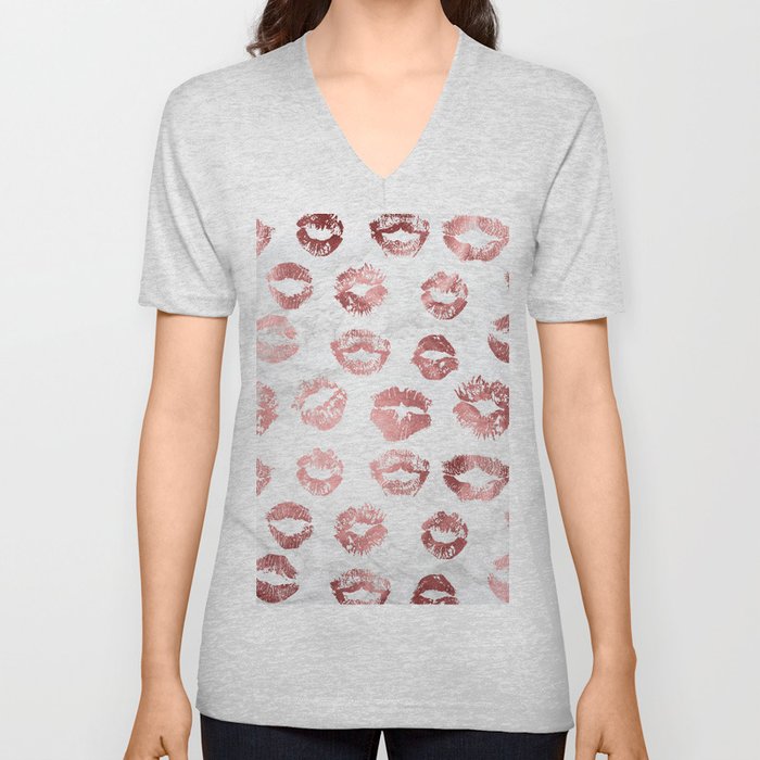 Fashion Lips Rose Gold Lipstick on Marble V Neck T Shirt